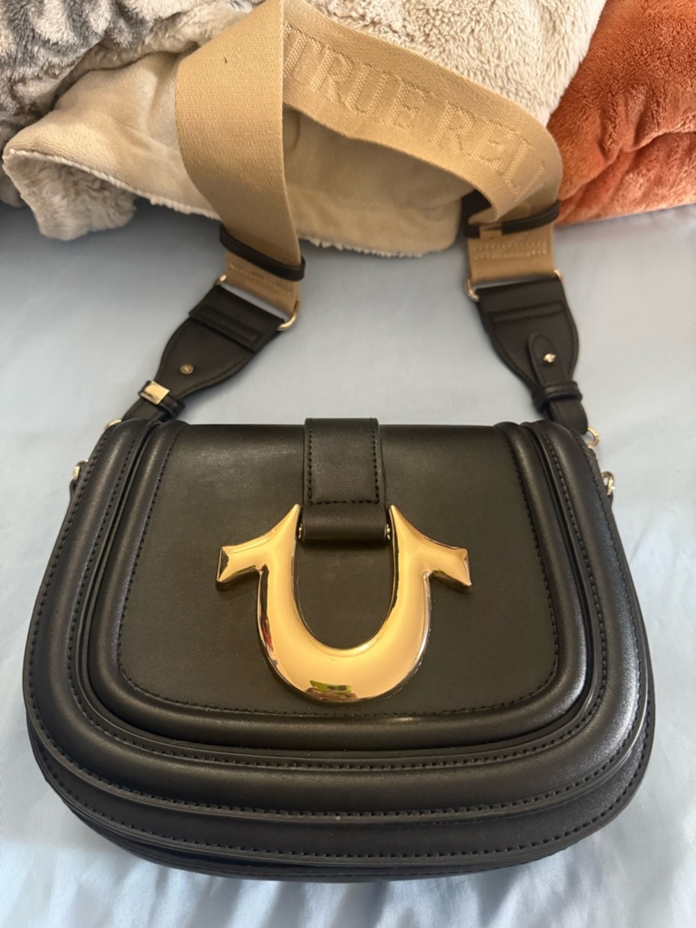 True Religion Black Leather Crossbody Bag with Gold Accent